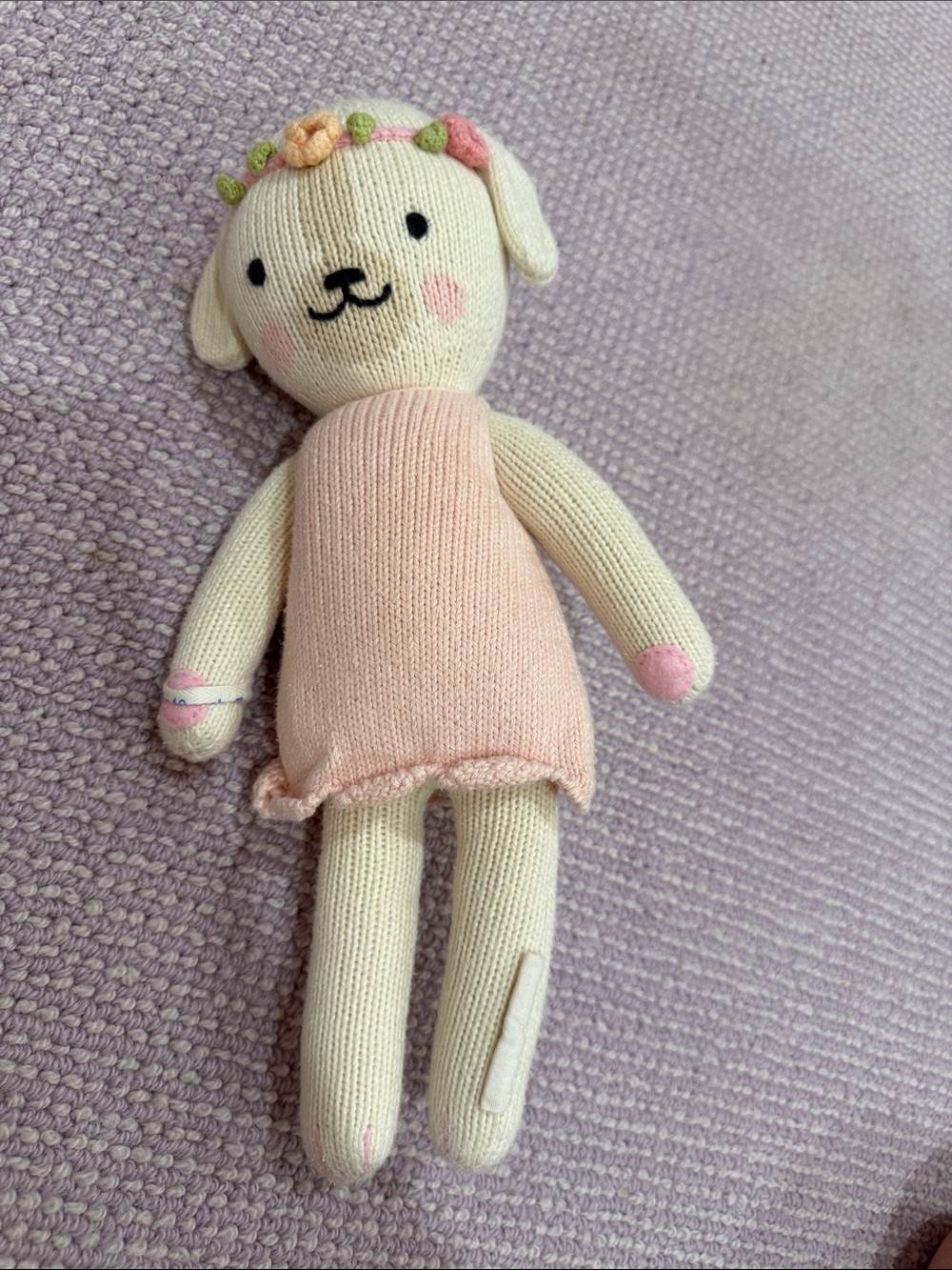 Hand-Knit Style Cream Plush Doll with Blush Pink Dress & Floral Headband